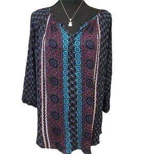 Absolutely Famous Peasant Blouse Boho Navy Blue Small Printed 3/4 Sleeves Rayon
